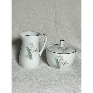 Noritake Oriental 6341 Creamer & Covered Sugar Bowl Set Bamboo Gold Trim Japan